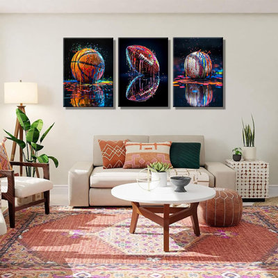 3Pcs Graffiti Sports Canvas Wall Art Boys Room Rustic Football Baseball American Football Rugby Wall Decor Pictures Colorful Modern Poster Prints For Nursery Playroom Living Bedroom Decoration