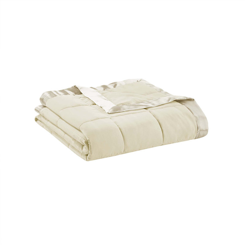 Couverture légère en duvet synthétique avec bordure satinée crème, Crème, crème, L 90 po x l 108 po
