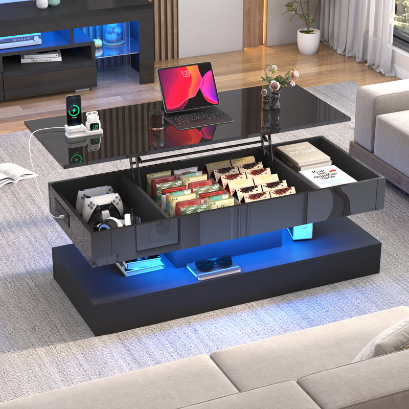 Table basse à plateau relevable de 47,3 po avec lumières DEL RVB APP, station de charge USB et CA, table de rangement haute brillance réglable en hauteur pouvant supporter 180 lb