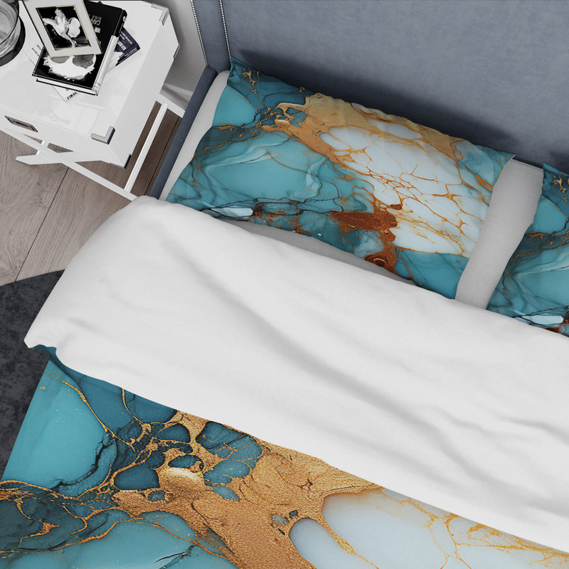 Ensemble de housse de couette en marbre or et bleu, Housse de couette pour grand lit et 2 taies décor