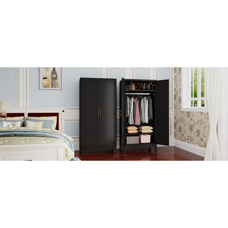 Ebern Designs 70.87"H Metal Freestanding Wardrobe Closet Armoires Cabinet For Bedroom With Hanging Rod, Black