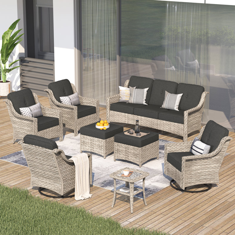 7 - Person Wicker Outdoor Conversation Set, Patio Sofa & Swivel Chair Set with Cushions, Black