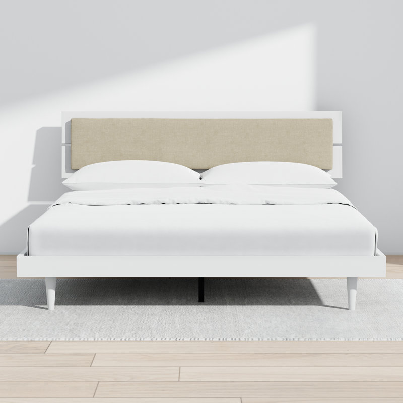 Benoni Wooden Bed With Taupe Cushion, White, King