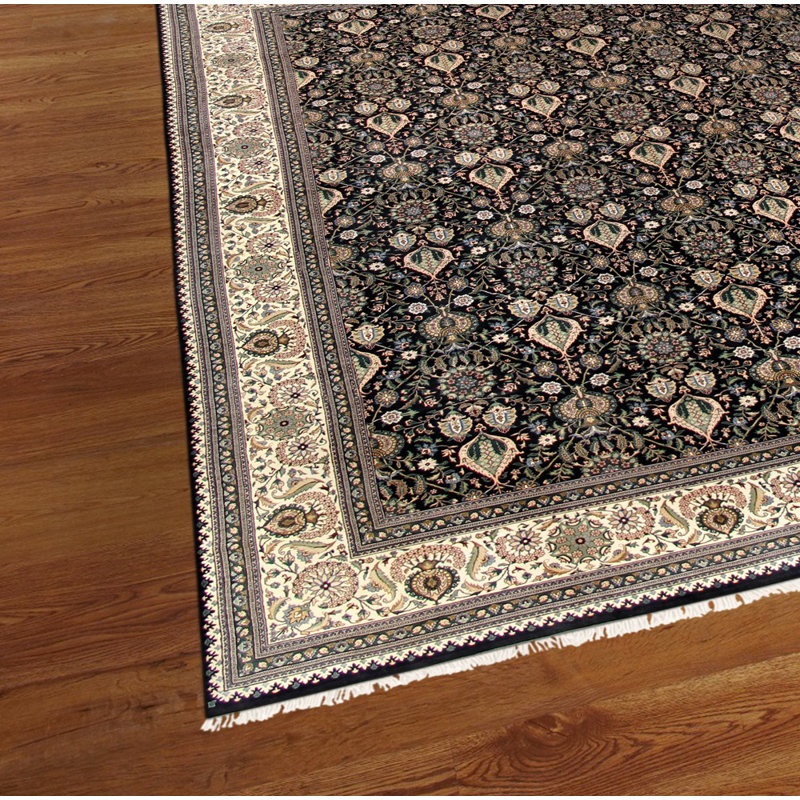 Tapis noir / ivoire en laine noué à la main de conception unique 11 pi 10 po x 15 pi 8 po Tabriz