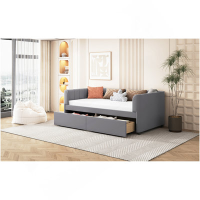 Lit de jour simple tapissier avec dossier ergonomique et 2 tiroirs, gris