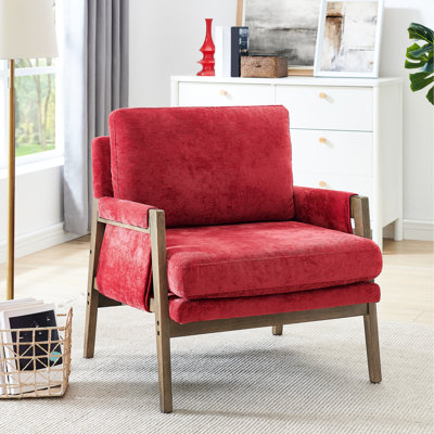 Fauteuil Mid-Century rouge - Collection, structure, chaise d'appoint rembourrée confortable, bois massif, velours doux
