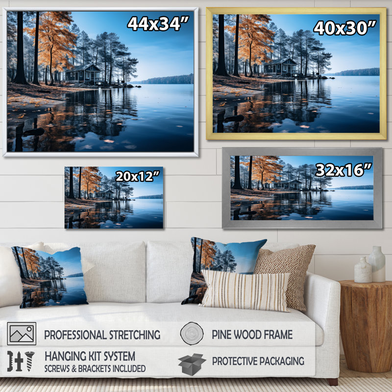 Lake Blue Lakeside Whispers - Lakes Lakehouse, art mural, H 12 po x l 20 po x P 1 po, Cadre simple noir