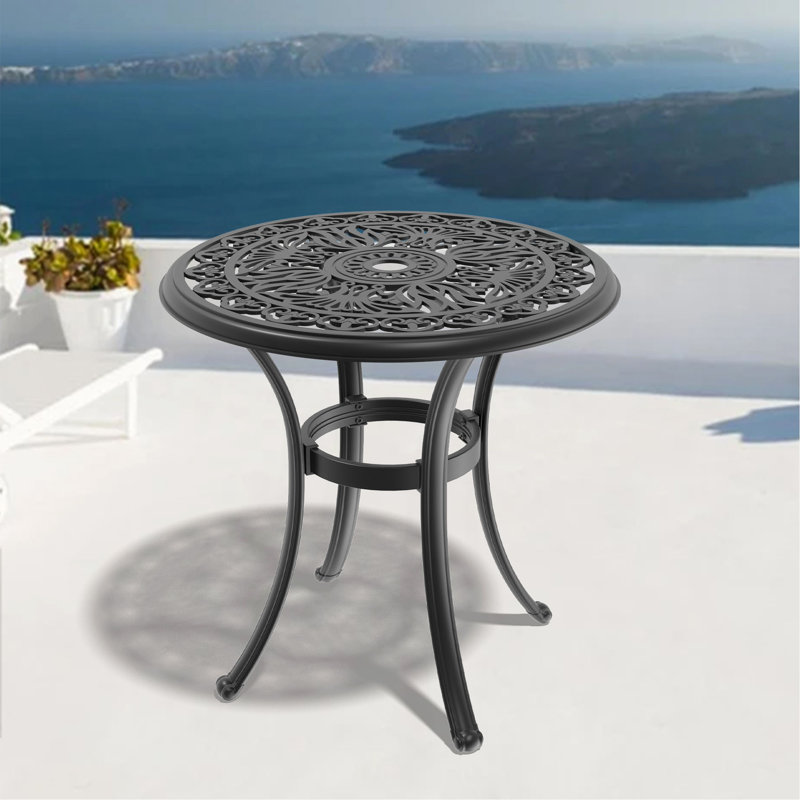 Table de salle à manger en aluminium coulé 26,77 pouces avec structure noire et trou pour parasol