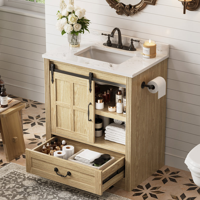 30 Inch Bathroom Vanity With Sink, Bathroom Sink Cabinet With Drawers & Metal Handles, Freestanding, Easy Assembly, Farmhouse