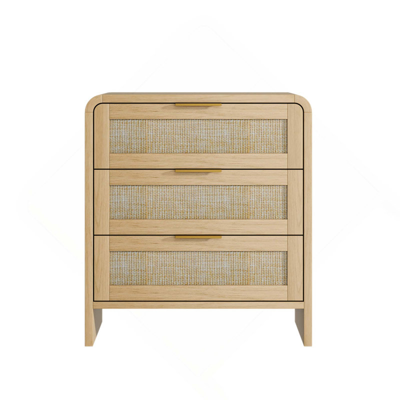 Modern Rattan 3 Drawers Nightstand For Bedroom