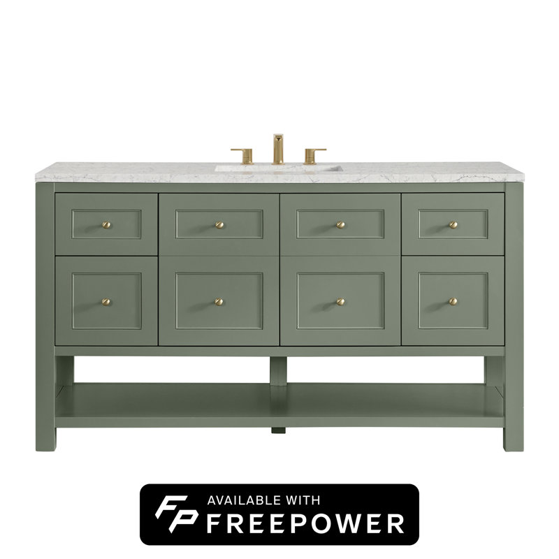 Breckenridge 60"W Single Vanity W/ Freepower Wireless Charger, Smokey Celadon, Eternal Jasmine Pearl