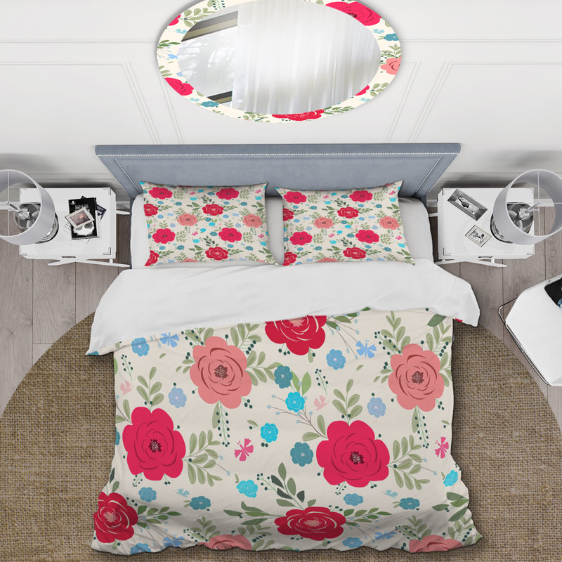 Roses rouges et feuille verte - ensemble de housse de couette à motif floral - microfibre de polyester