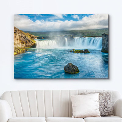 Icelandic Blue Waterfall Nature Landscape Pictures Relax Wrapped Canvas Photography Print Wall Art 