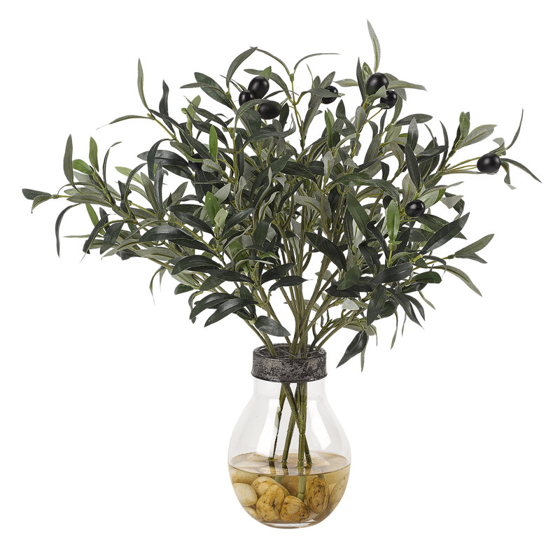 18'' Faux Olive Tree Branch in Glass Decorative Vase