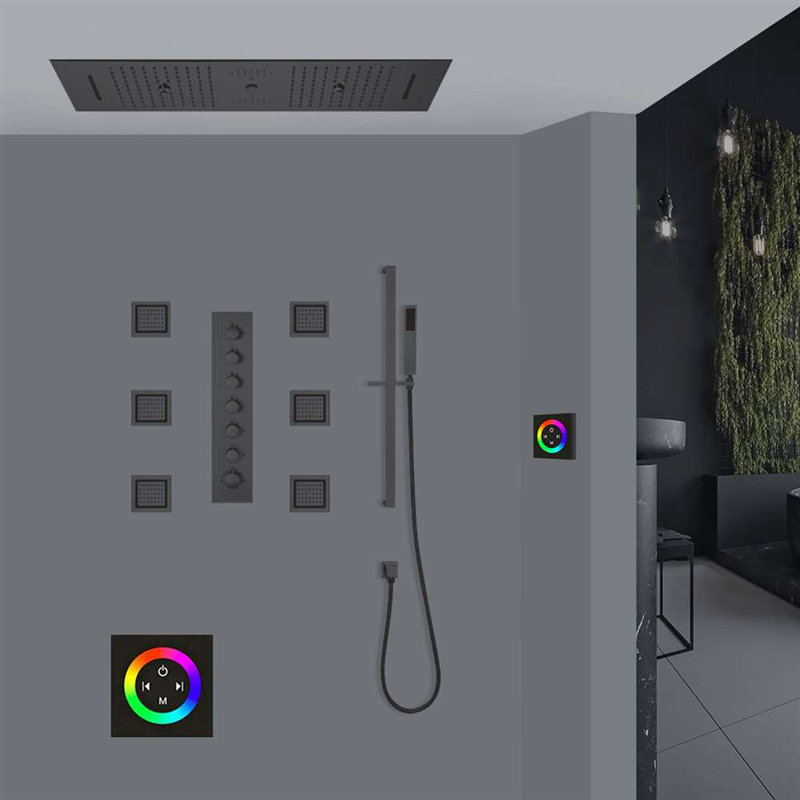 Douche thermostatique à DEL Bergamo Gela avec cascade et jets multifonction, Noir mat, Bouton