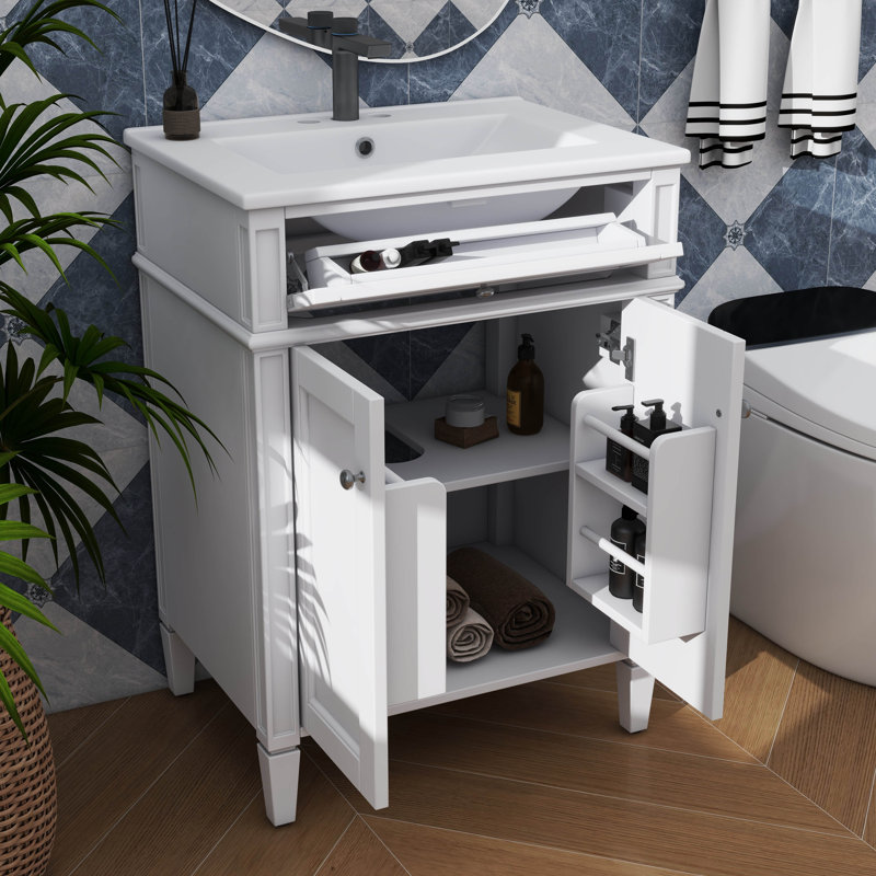 Meuble-lavabo 24 po avec lavabo, unité de rangement moderne avec 2 portes à fermeture en douceur et tiroir escamotable, Blanc