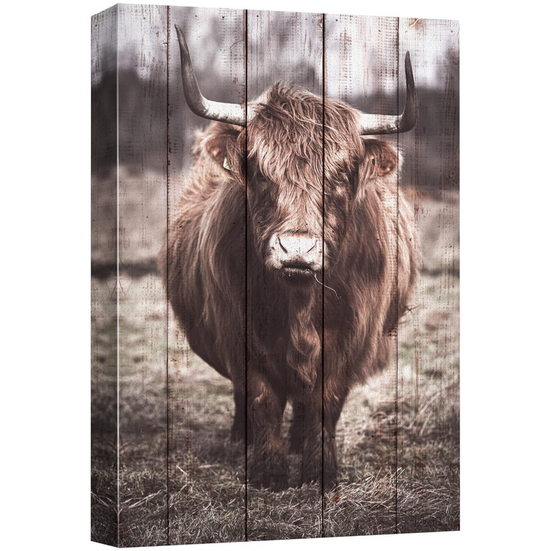 Vache, panneau de bois effet montagne, bison, buffles, animaux, art numérique, ferme rustique, faune, Toile tendue