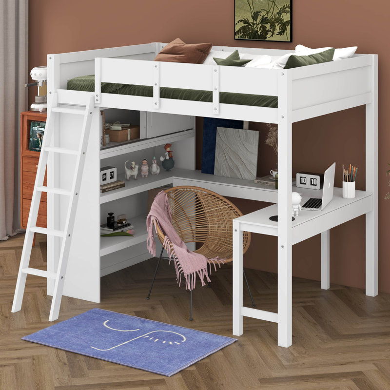 Lit mezzanine double en bois avec bureau et tablette, Blanc