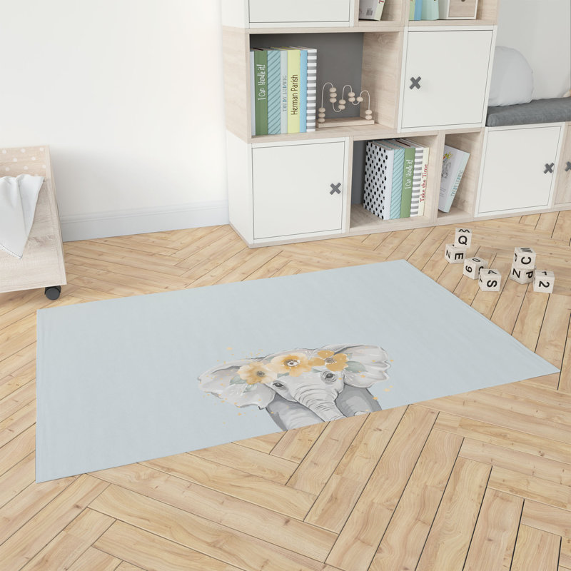 Tapis de jeu Elephant Kids, Bleu, Rectangle 5 pi x 7 pi