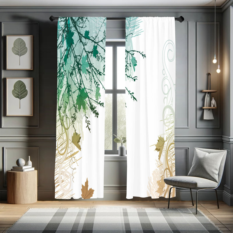 Ebern Designs Nature Curtains, Fall Earth Tones Autumn Leaf, Pair of 28", Almond Green, 28" W x 95" L