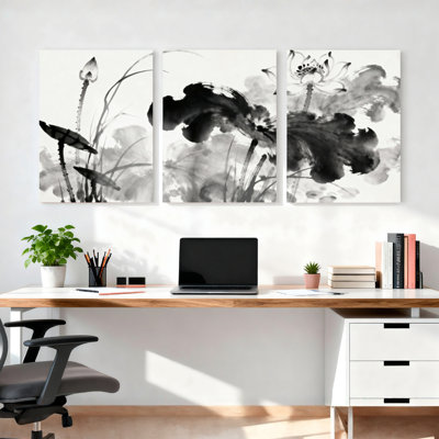 Encre noire et blanche fleur de lotus, reproduction d'art sur toile tendue sur toile de style chinois (ensemble de 3)