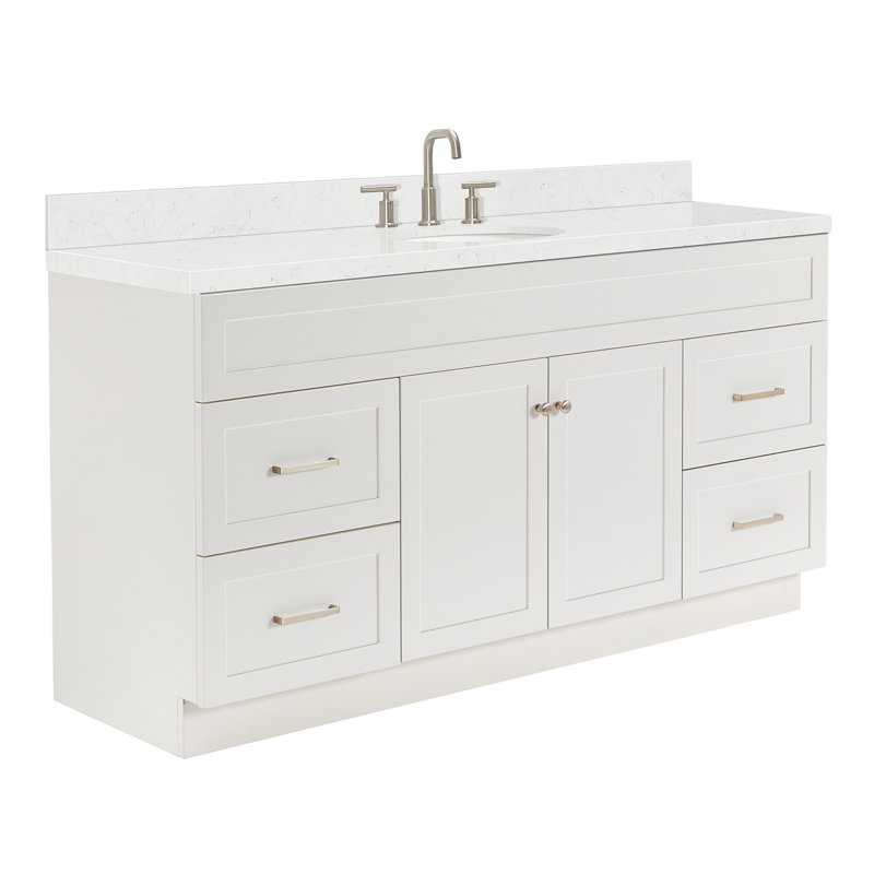 Hamlet 66.25'' Bathroom Vanity with Carrara Quartz Top, White, Brushed Nickel, Rectangle