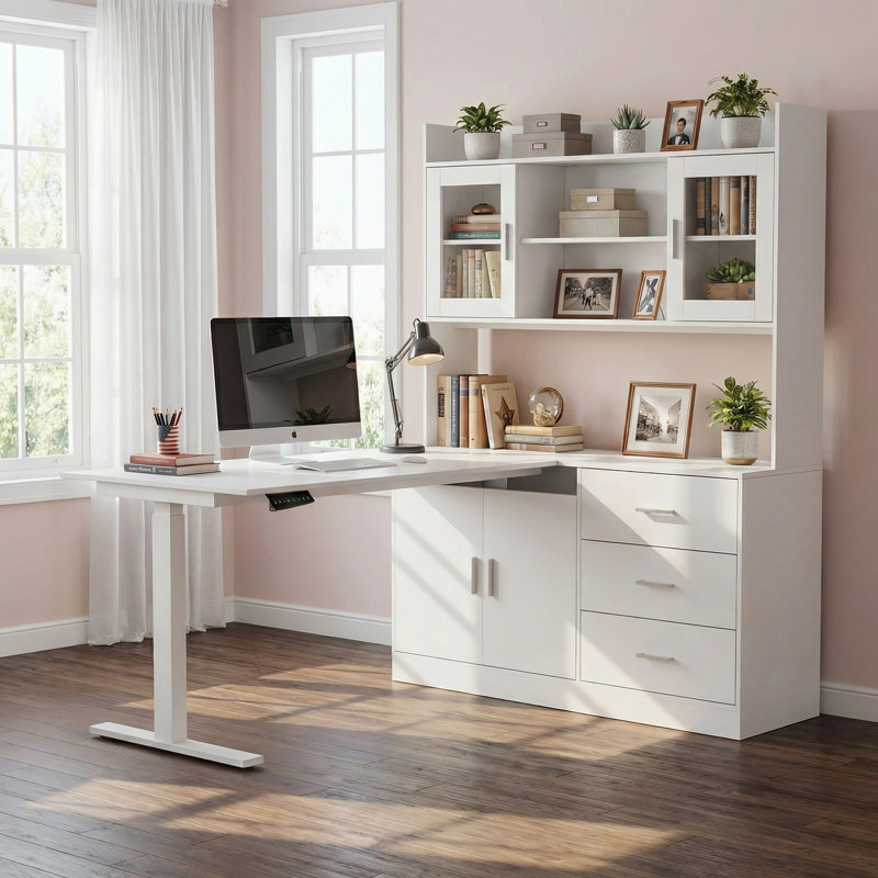 Bureau de coin électrique à hauteur réglable avec armoire de rangement et portes en verre