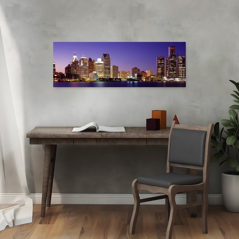 Dusk Detroit Michigan USA 1 Piece Wrapped Canvas Panoramic Wall Art, 30.48 cm H x 91.44 cm W