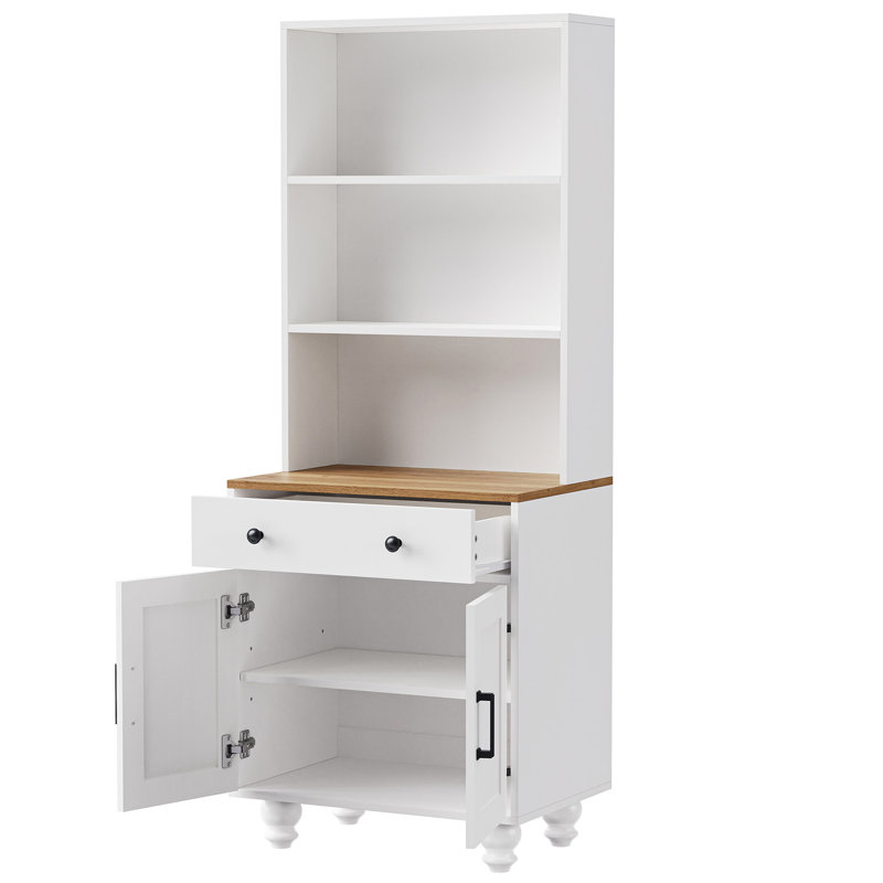 Armoire, blanc, pieds en bois massif, rangement abondant pour garde-manger avec poignées rétro et tablettes réglables, blanc