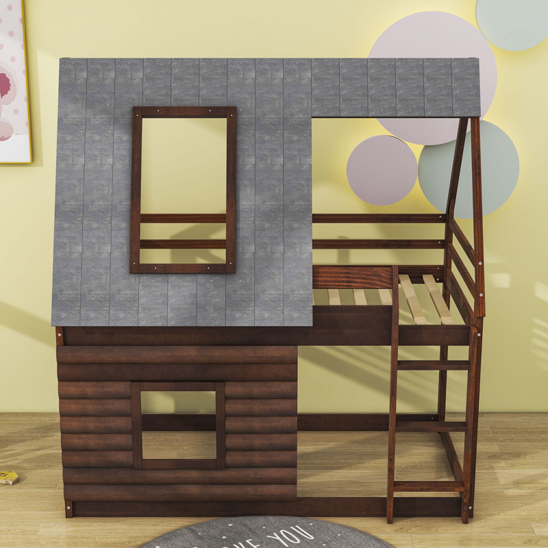 Kamiah Kids Twin over Twin Wood House Bunk Bed with Roof, Ladder and Windows