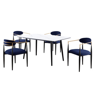 Ensemble de salle à manger ultra-moderne 5 pièces - table en pierre frittée blanche et chaise rembourrée en tissu bleu