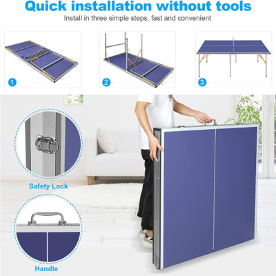 Table de ping-pong pliable et portable bleue de taille moyenne (1,83 m) pour l'intérieur et l'extérieur, avec filet, 2 raquettes et 3 balles.