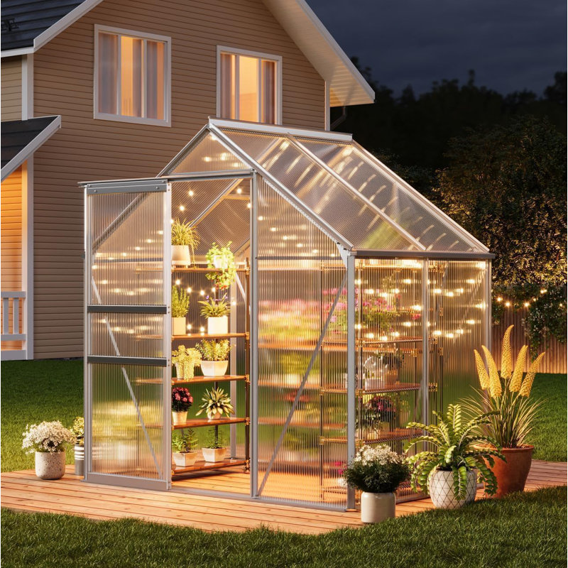 Silver 6x4 Ft Polycarbonate Walk-in Greenhouse with Aluminum Steel Frame, Adjustable Roof Vent and Sliding Door for Backyard Winter Growing