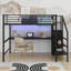 Lit mezzanine double en métal avec bureau, escalier de rangement, lumière DEL et petite armoire