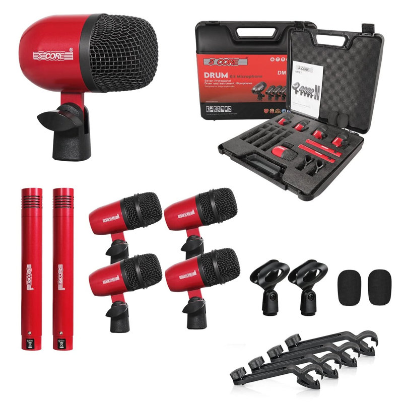 Ensemble de 5 micros pour batterie 5 cordes 7 pièces, Rouge