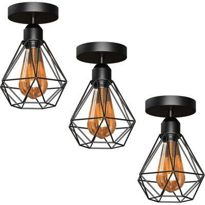 Vintage Black Flush Mount Ceiling Light Fixture with Bulb, Industrial Metal Cage Ceiling Lamp with E26 Base, Modern Lighting for Kitchen, Bedroom, Entryway, Porch, Living Room 3 Pack