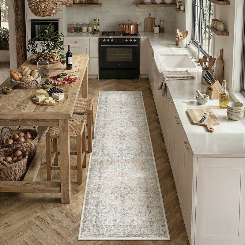 Tapis oriental beige Stella avec envers antidérapant, Light Grey, 0.35", Tapis de couloir 2 pi x 8 pi