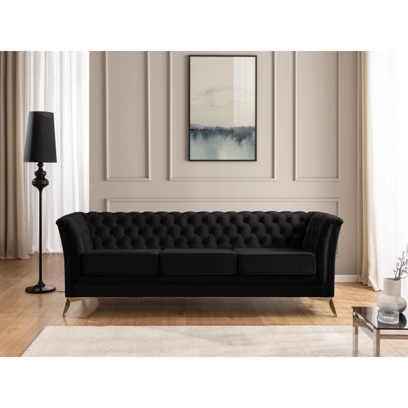 Whitby 3 Seater Velvet Sofa, Black, Gold