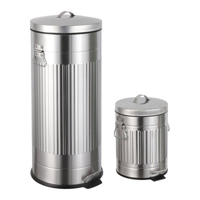 Theo Retro 8-Gallon Step Trash Can with Soft-Close Lid and FREE Mini Trash Can, Platinum Silver