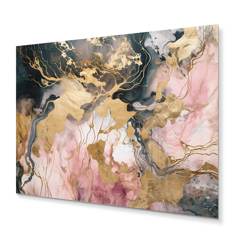 Exploration des profondeurs de la géode rose II - art mural abstrait en métal marbré, H 12 po x l 20 po x P 1 po
