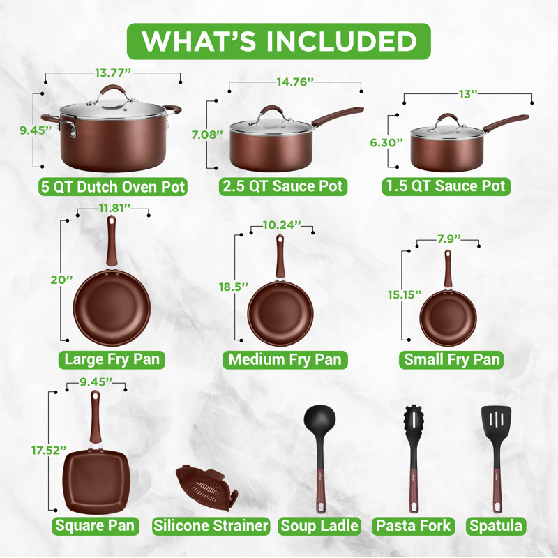 NutriChef 20-Piece Brown Non-Stick Aluminum Cookware Set