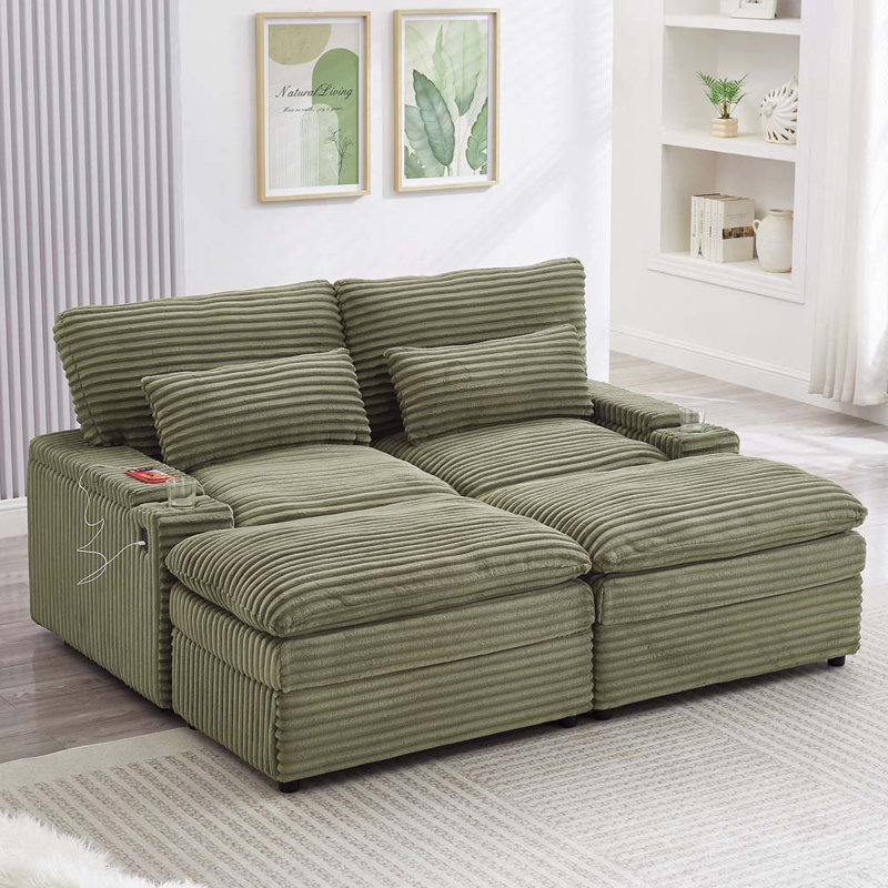 Canapé-lit modulaire en velours côtelé avec rangement Corduroy, Vert