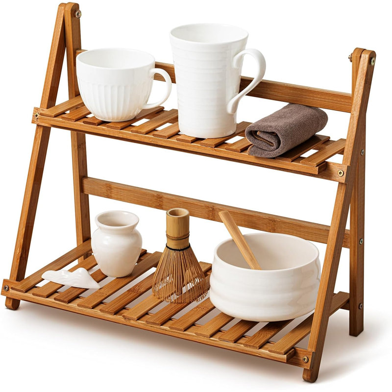 Étagère de rangement pliable en bambou à 2 niveaux pour support de pot de fleurs pour la maison et le salon