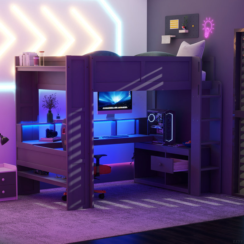 Lit mezzanine double en bois avec bureau, tablettes multiples, DEL et station de charge, gris foncé