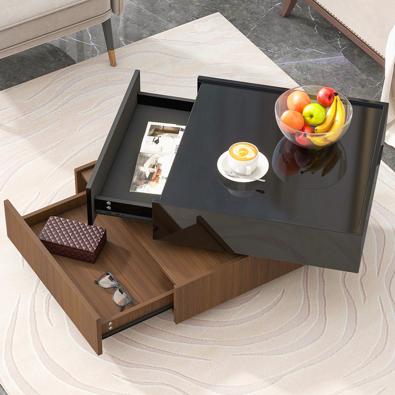 Multi-Functional Square 360°Rotating Coffee Table With 2 Drawers, High Gloss 2-Tier Centre Table With Swivel Tabletop And Storage, Walnut Table Frame Side Table For Living Room, Black