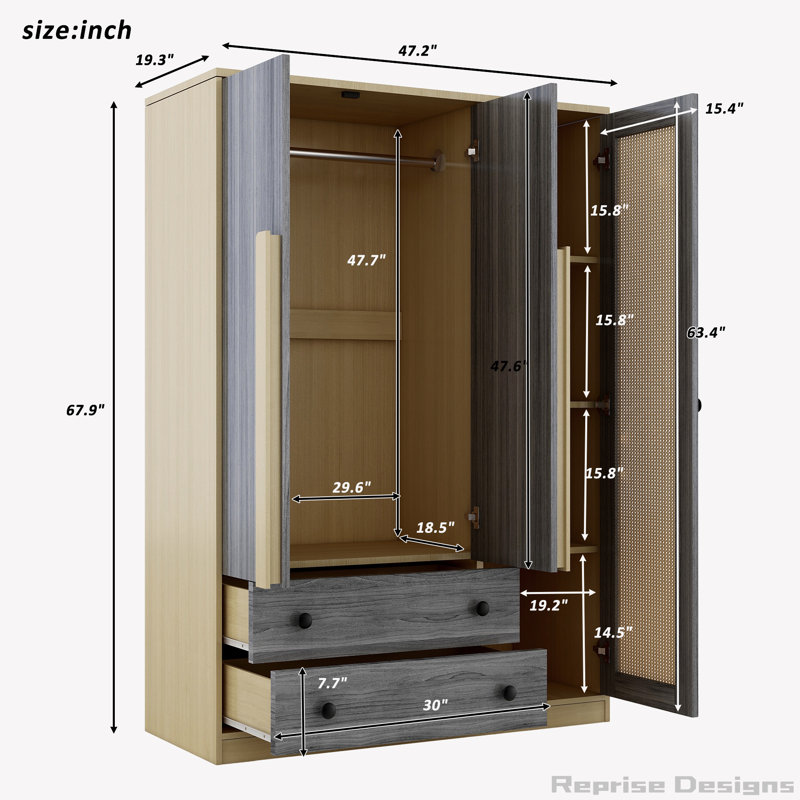Armoire-penderie 3 portes en bois avec 2 tiroirs, Noir/naturel