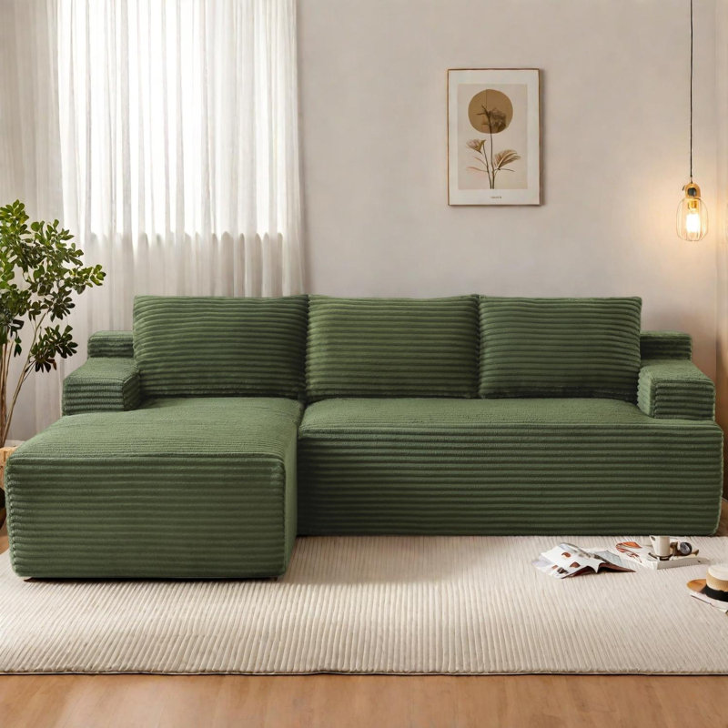 Canapé-lit modulaire en L en forme de L avec siège profond, sans assemblage, tissu en velours côtelé, Vert
