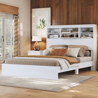 Lit plateforme en bois avec tête de lit et ports de charge USB, grand