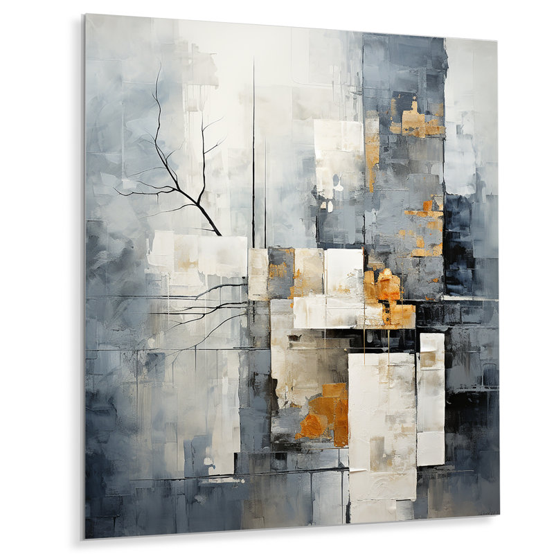 Gris et blanc, paysage urbain abstrait 3 - Collages abstraits, art mural en métal, H 40 po x l 30 po x P 1,5 po