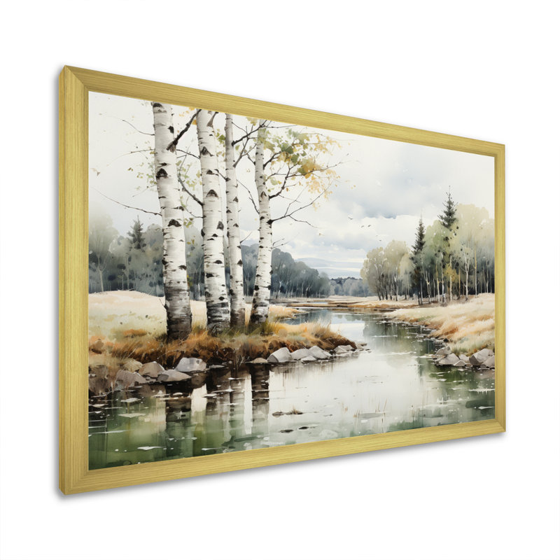 Birch Woods Birch Haven - Art mural de bouleau, H 16 po x l 32 po x P 1 po, Cadre doré simple